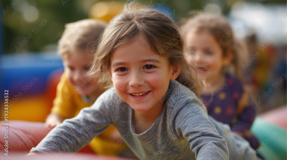 Fototapeta premium Faceless happy kids laughing and bouncing on a colorful jumping castle outdoors, defocused sunny background, inflatable party fun, summer kids entertainment, outdoor bounce play,