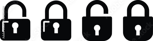 Four black padlocks in a row on white background