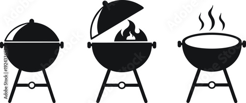 Three stages of a barbecue grill in use