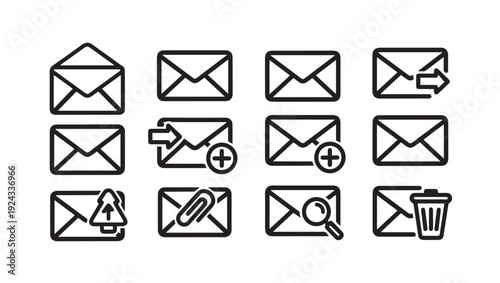 Email Icons Set: Sending Receiving Adding Searching Attaching Deleting and More Communication Symbols