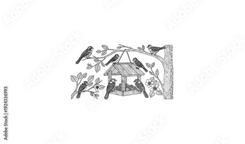 Wooden Bird Feeder with Birds and Tree Branches – Black and White Zentangle Coloring Page Vector