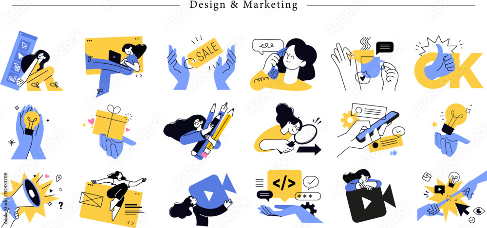 Fototapeta premium 15 Design and Marketing Conceptual Icons Megaphone, Gift Box, SALE Tag and Thumbs Up for Creative Agencies in Periwinkle Blue and Citrus Yellow
