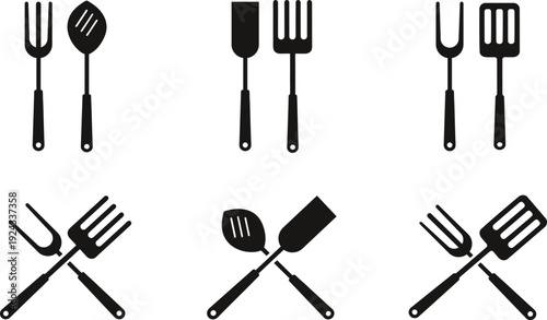 Black and white kitchen utensil icons crossed and paired