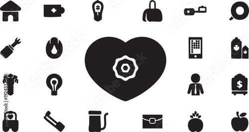 Black and white on white background including heart with gear inside symbols