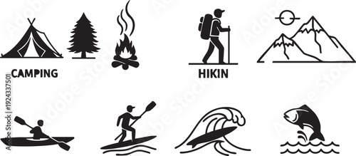 Black and white outdoor activity including camping and hiking outdoor activities silhouettes