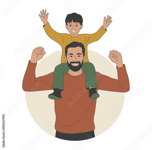 Father Carrying Son on Shoulders with Raised Arms child