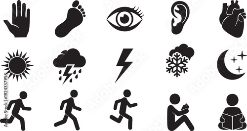 Black and white silhouette of body parts weather and people