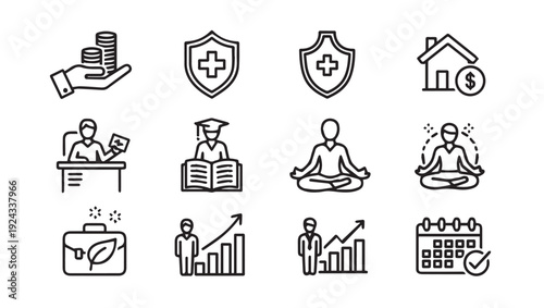 Financial and Life Icons: Investment Health Education Meditation Career Growth Calendar