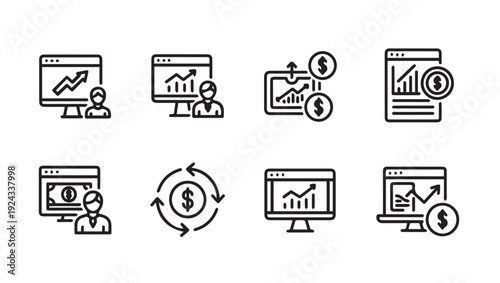 Financial Growth Icons: Business Analytics Investment Charts Money Flow and Trading Symbols