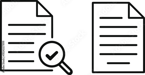 Line icon of two documents with a magnifying glass checking one