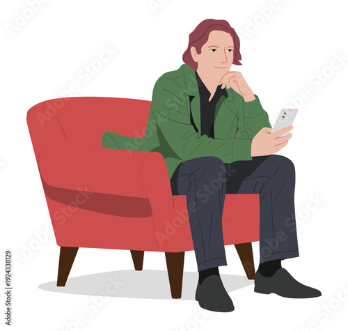 Man sitting in armchair with phone and thoughtful expression