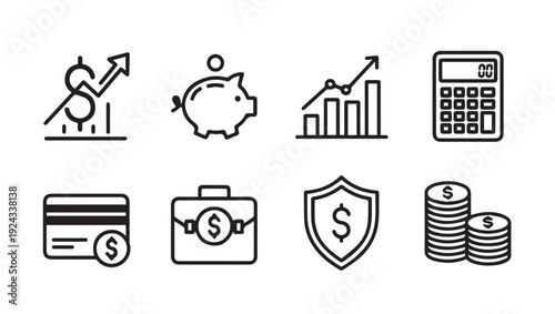 Financial Icons Set: Growth Savings Investment Calculator Credit Card Portfolio Security Coins