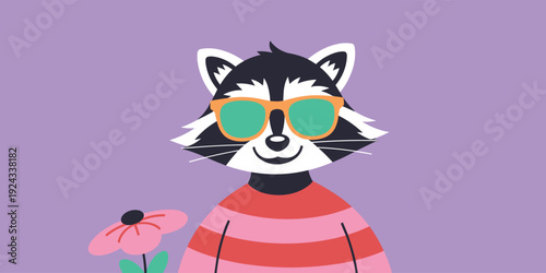 Raccoon wearing sunglasses and a striped sweater cartoon