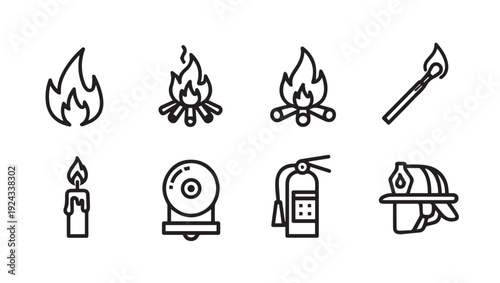 Fire Safety Icons: Flame Bonfire Match Candle Alarm Extinguisher HelmetLine Art