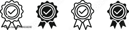 Four black and white checkmark rosette award ribbons