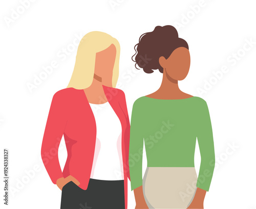 Two women standing side by side with faceless design