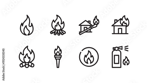 Fire Icons Set: Flame Campfire House Fire Torch Fire ExtinguisherStock Line Art