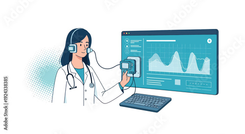 Female dermatologist analyzing skin condition on digital tablet with medical report on screen.