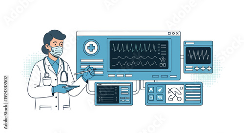 Female dermatologist analyzing skin condition on digital tablet with medical report on screen.