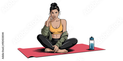 Woman Pondering on Yoga Mat with Water Bottle fitness