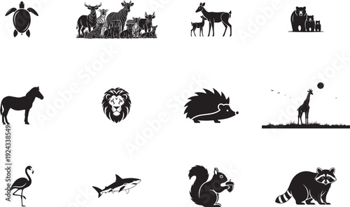 Black silhouettes of various animals isolated on transparent background