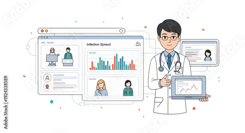 Female dermatologist analyzing skin condition on digital tablet with medical report on screen.