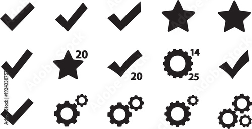 Black checkmarks stars and gear on white background gears