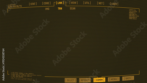 Retro futuristic game style amber monochrome overlay HUD with CRT scanlines and convex distorted display. Retro-futuristic UI overlay for video or broadcasting. Old style overlay UI panels.