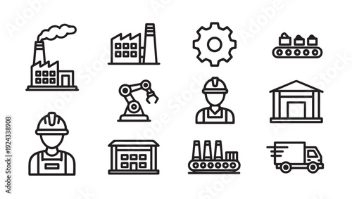 Industry Icons: Factories Workers Robots Conveyors Trucks Gear Warehouse