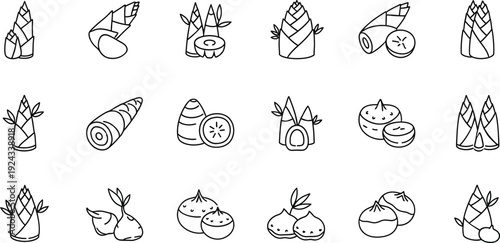 Collection of minimalist line icons depicting various bamboo shoots and water chestnut varieties.