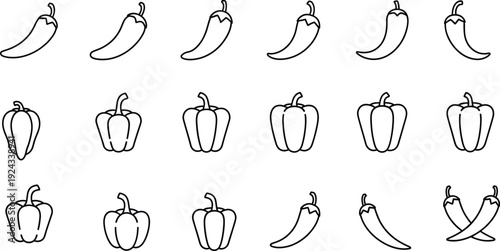 Set of minimalist black and white line art icons featuring various chili and bell peppers