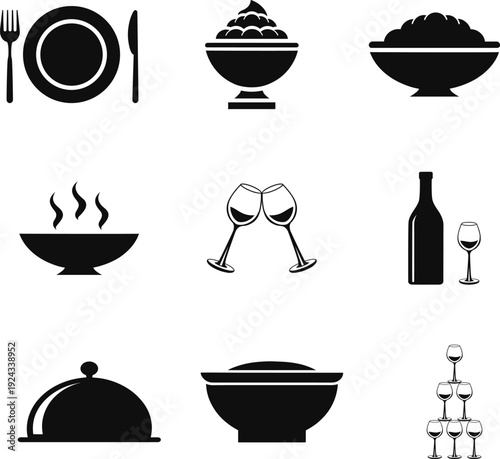 Black and white icons of various food and drink items