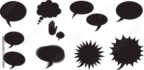 Black comic book style speech bubbles and thought clouds on white background