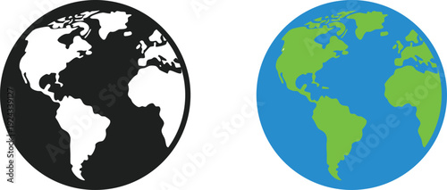 Black and white versus colorful earth globe illustrations side by side