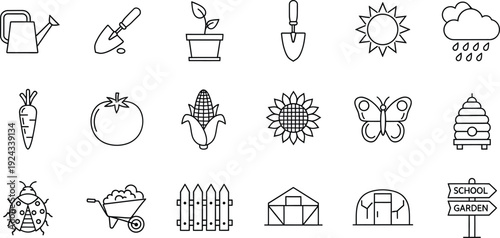 Collection of eighteen gardening and agriculture line icons featuring tools, plants, and insects