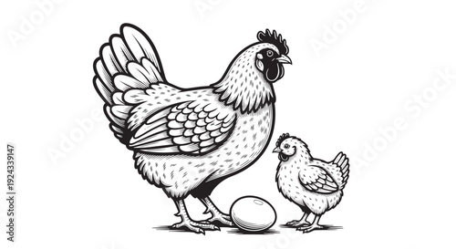 A mother hen and a small chick standing next to an egg