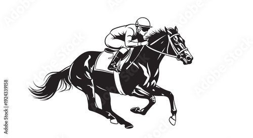 Black horse with jockey racing in dynamic motion