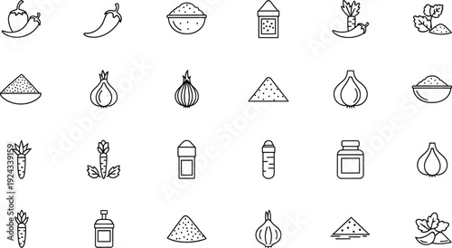 Collection of hand-drawn minimalist icons representing various spices, herbs, and kitchen ingredients