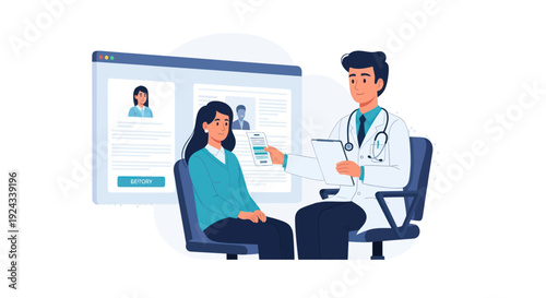 Female dermatologist analyzing skin condition on digital tablet with medical report on screen.