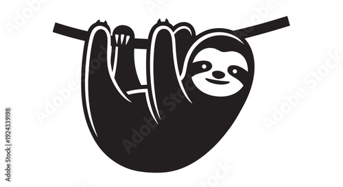 A black and white illustration of a smiling sloth hanging from a branch