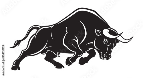 Black bull running with aggressive posture and curved horns