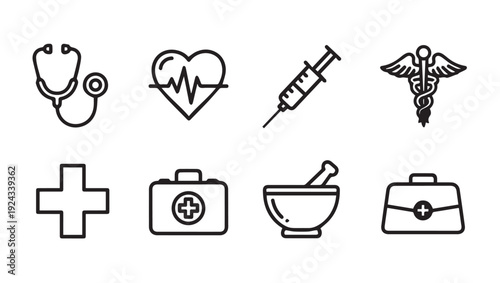 Medical Icons Set: Stethoscope Heartbeat Syringe Caduceus Cross First Aid Kit Mortar Pestle