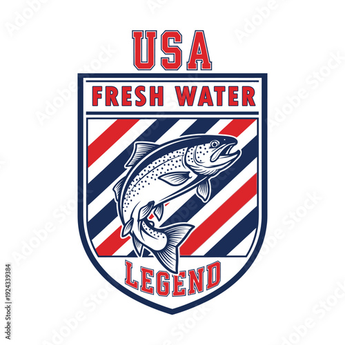 A USA fresh water fishing legend logo with a fish fishing tshirt design