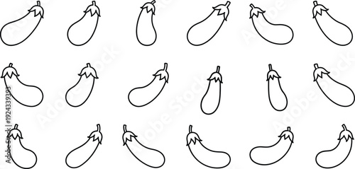 Simple black and white line art illustration of multiple eggplants arranged in a grid pattern.