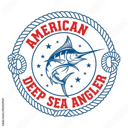 American Deep Sea Angler logo with marlin and rope design fishing tshirt design