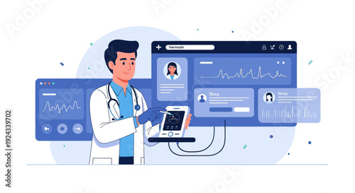 Female dermatologist analyzing skin condition on digital tablet with medical report on screen.