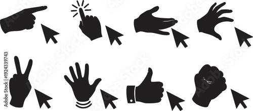 Black hand gestures and arrows on white background black silhouettes pointing
