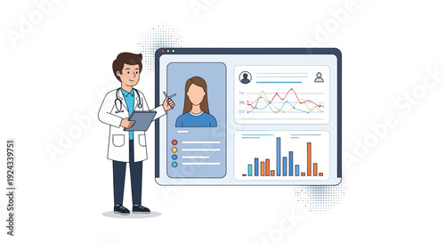 Female dermatologist analyzing skin condition on digital tablet with medical report on screen.