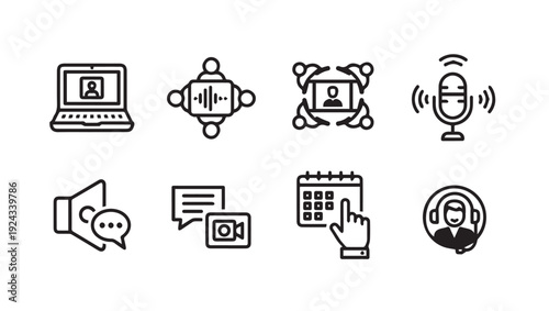 Online Communication Icons: Video Call Meeting Podcast Chat Calendar Support