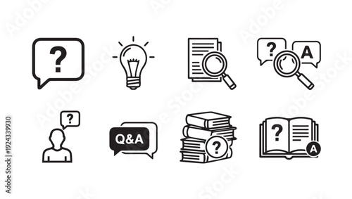 Question and Answer Icons: Lightbulb Books Magnifying Glass Person Speech Bubbles